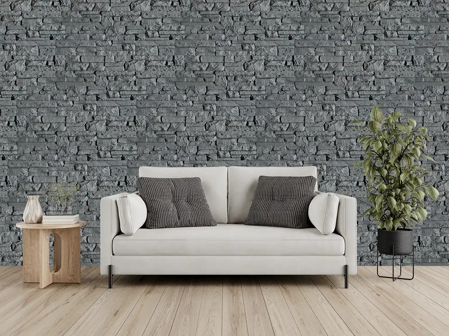 Sala com parede em painel de pedra escura
