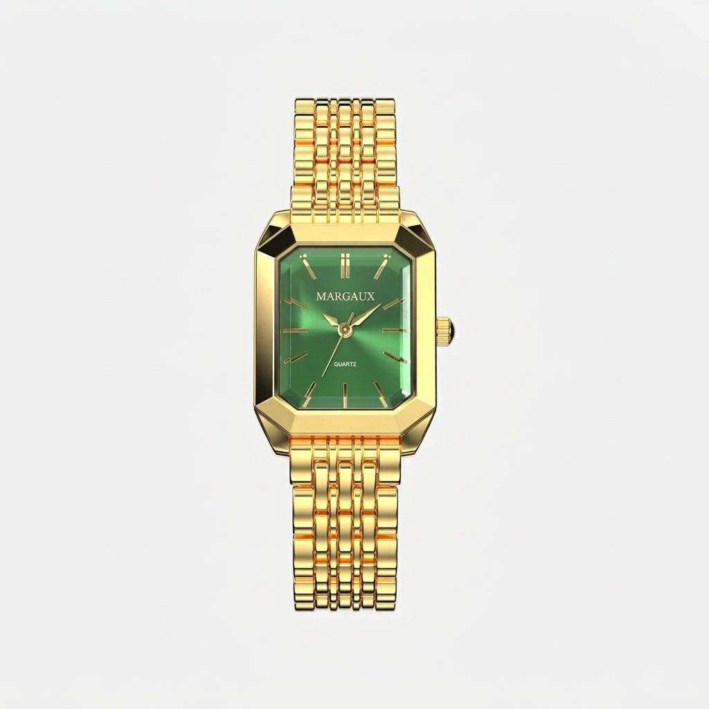 Relógio Tank — Dourado + Esmeralda